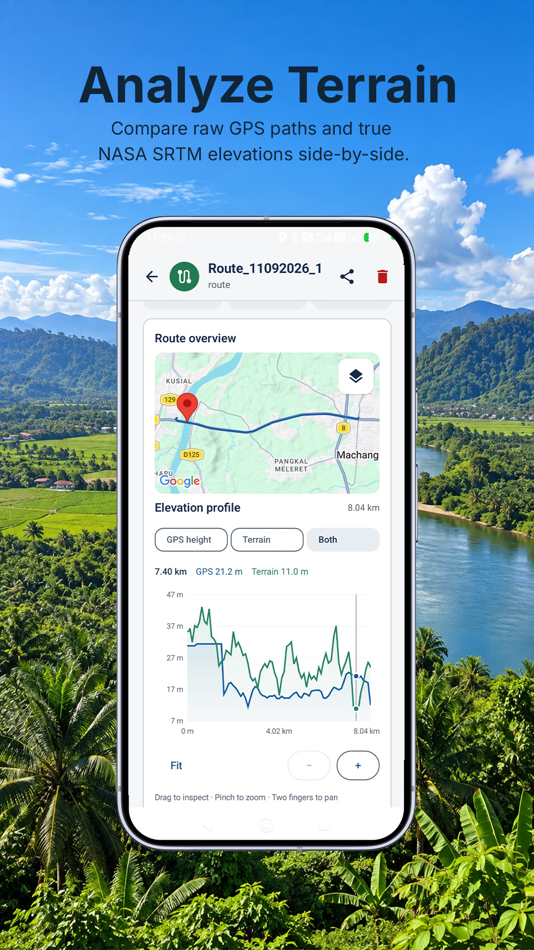 LandMate Mobile App - Interactive Terrain Profile Analysis Comparing GPS vs SRTM.