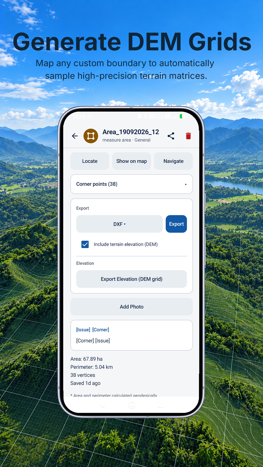 LandMate Mobile App - 3D DEM Grid Matrix Export Menu using NASA SRTM data.