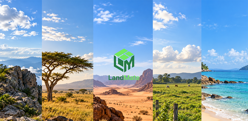 LandMate GPS field tools shown on an Android phone with a map, routes, and measurement markers.