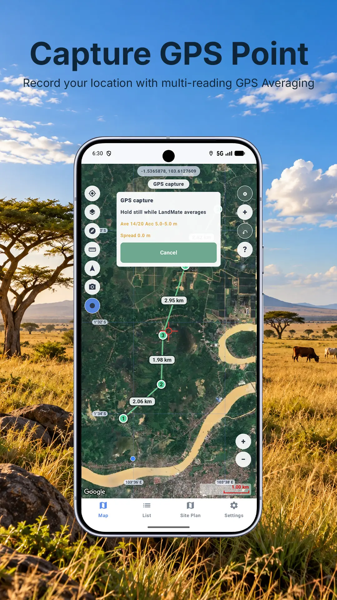 LandMate GPS point capture screen with multi-reading GPS averaging.