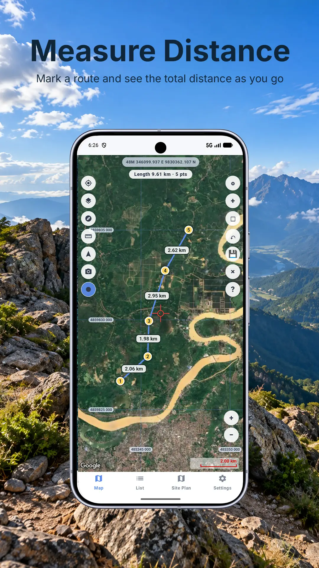 LandMate showing a route measurement with point and segment labels.