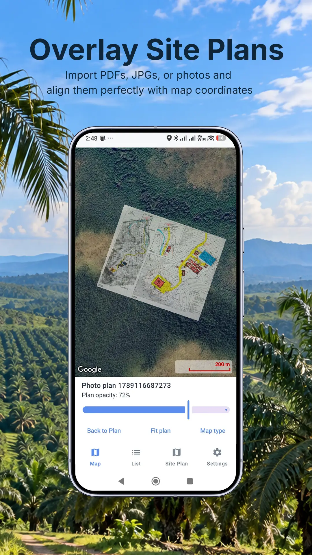 LandMate Import, scale, and overlay PDF or JPG site plans directly onto live maps.