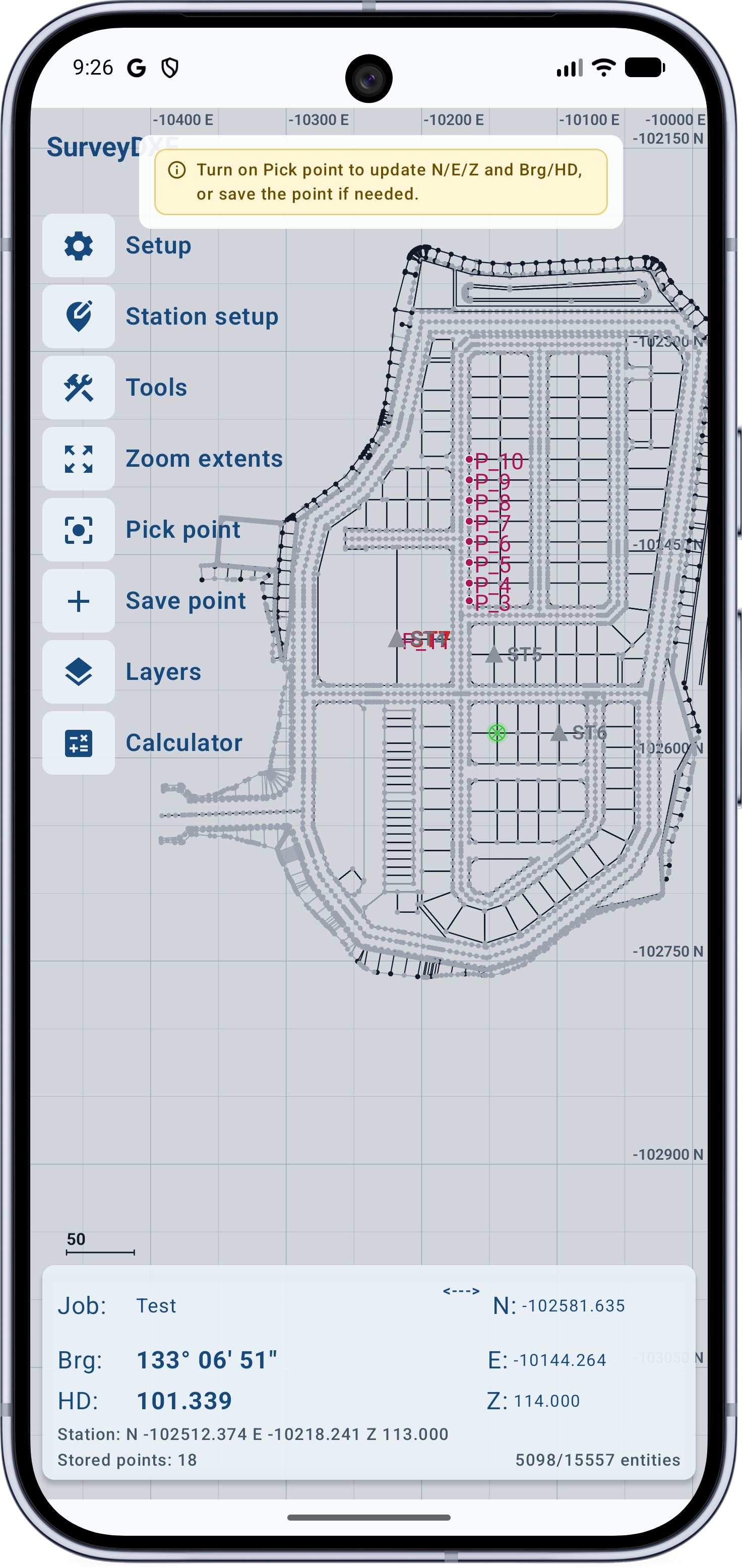 SurveyDXF survey DXF app main drawing screen