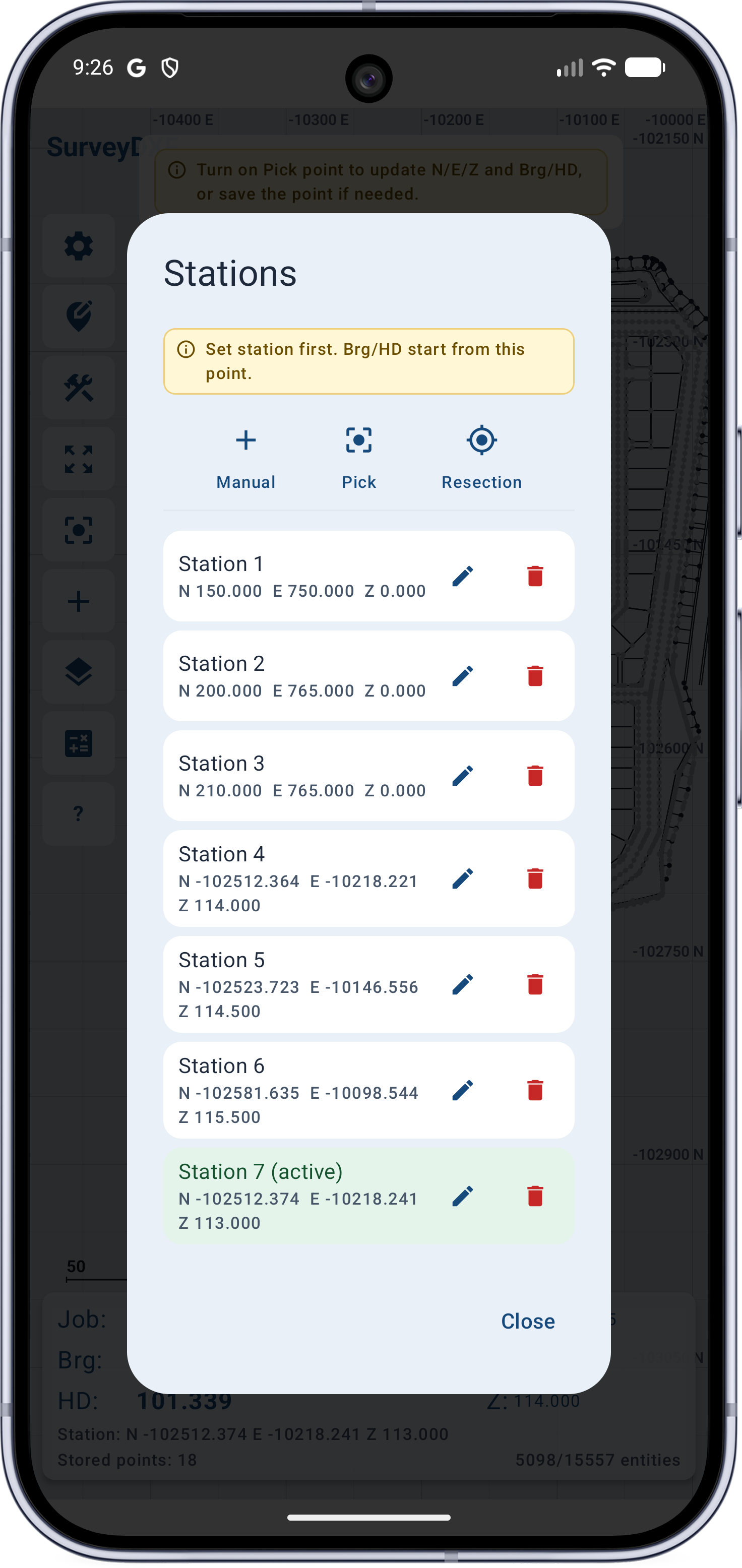 SurveyDXF survey DXF app station setup screen