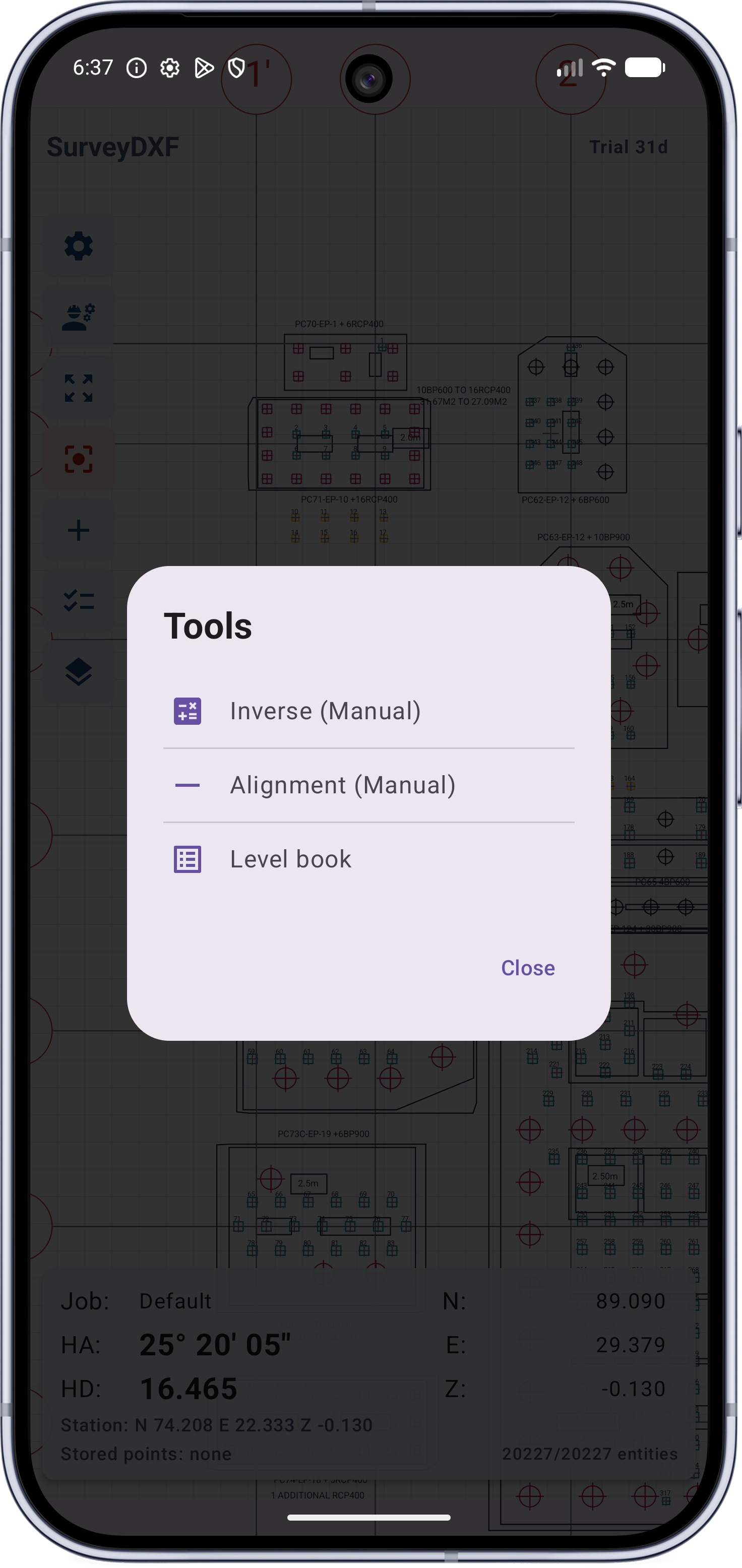 SurveyDXF survey DXF app COGO tools screen